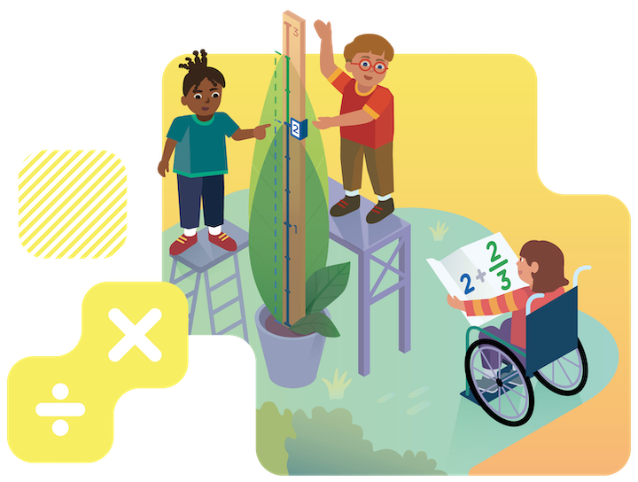 Two children stand on stools measuring a plant with a ruler, while a child in a wheelchair looks at a book showing 2/3 and 2 ÷ 3. Math symbols are in the background.