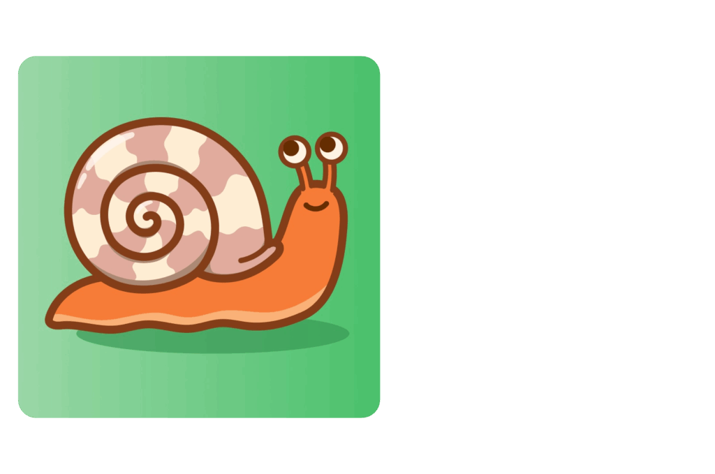 A cartoon snail with a brown and cream spiral shell and orange body smiles on a green background.