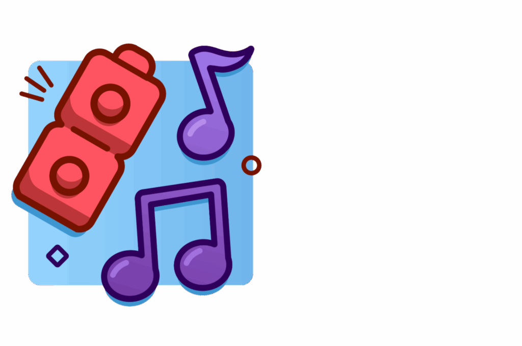 A red speaker and two purple music notes on a blue square background, with a small red circle and blue diamond accent.
