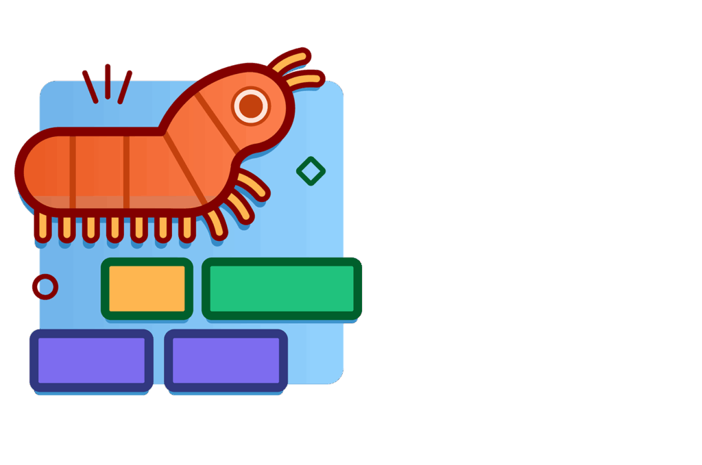 A stylized orange bug illustration appears above colorful rectangles and squares on a light blue background.