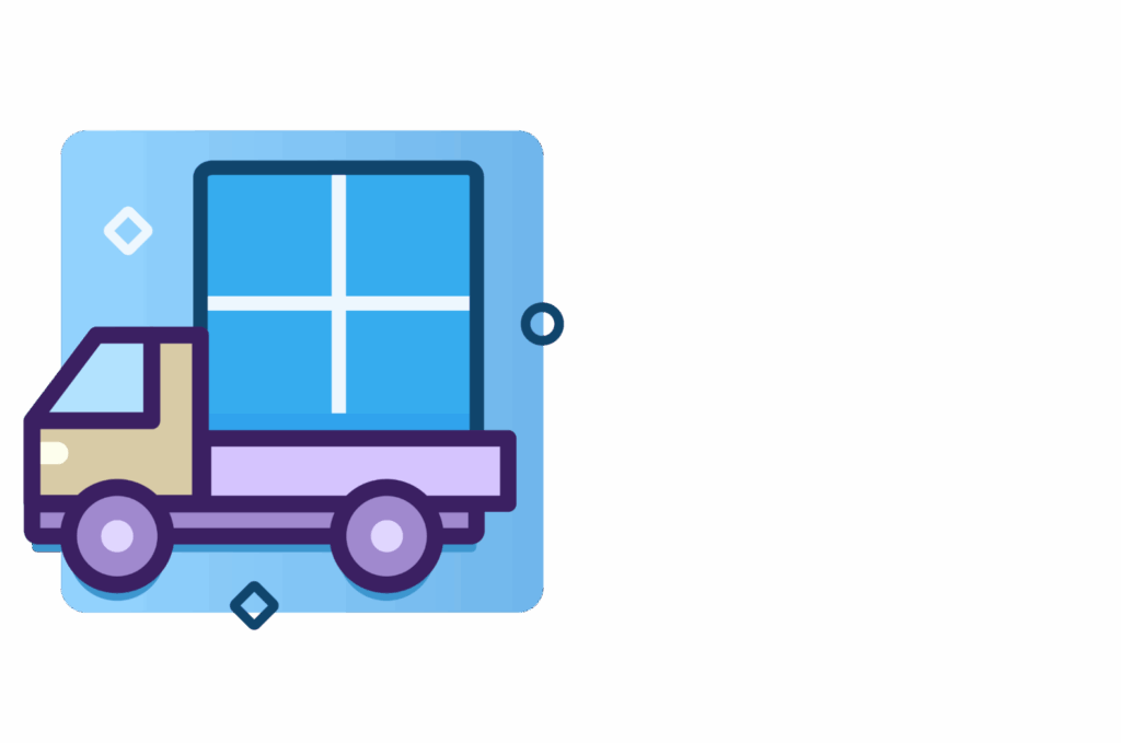 Illustration of a delivery truck carrying a large blue package with a white cross, set against a blue square background with geometric accents.