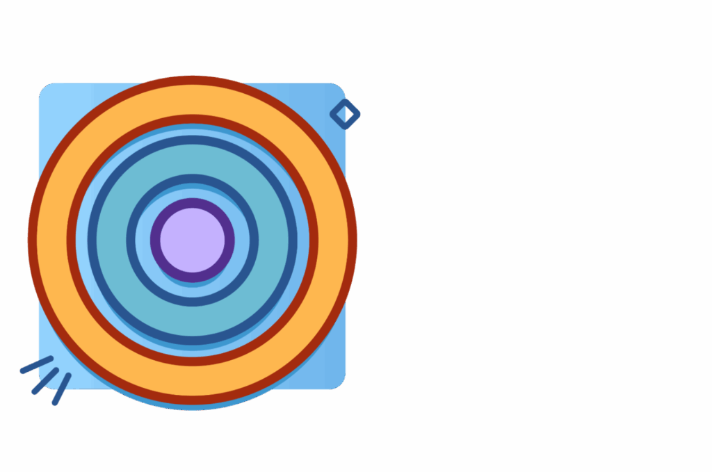 A series of concentric circles in orange, blue, and purple on a blue square background with small geometric accents on the left side.