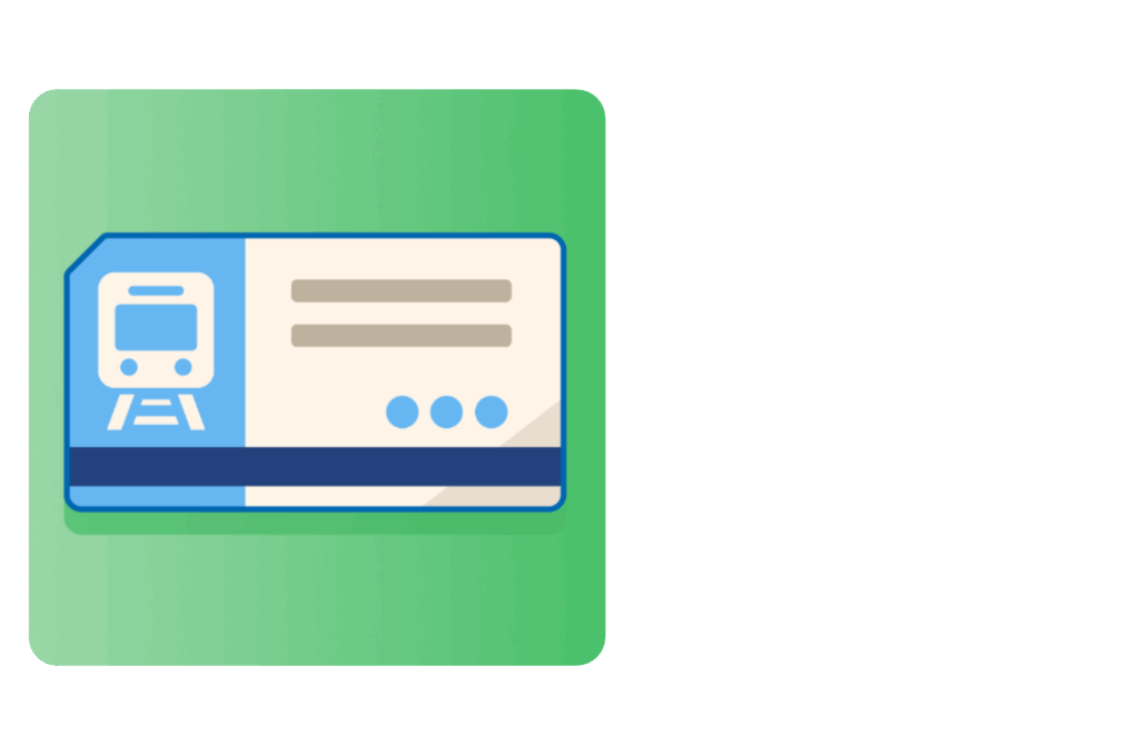 Illustration of a train ticket on a green background, featuring an icon of a train and blank lines representing ticket information.