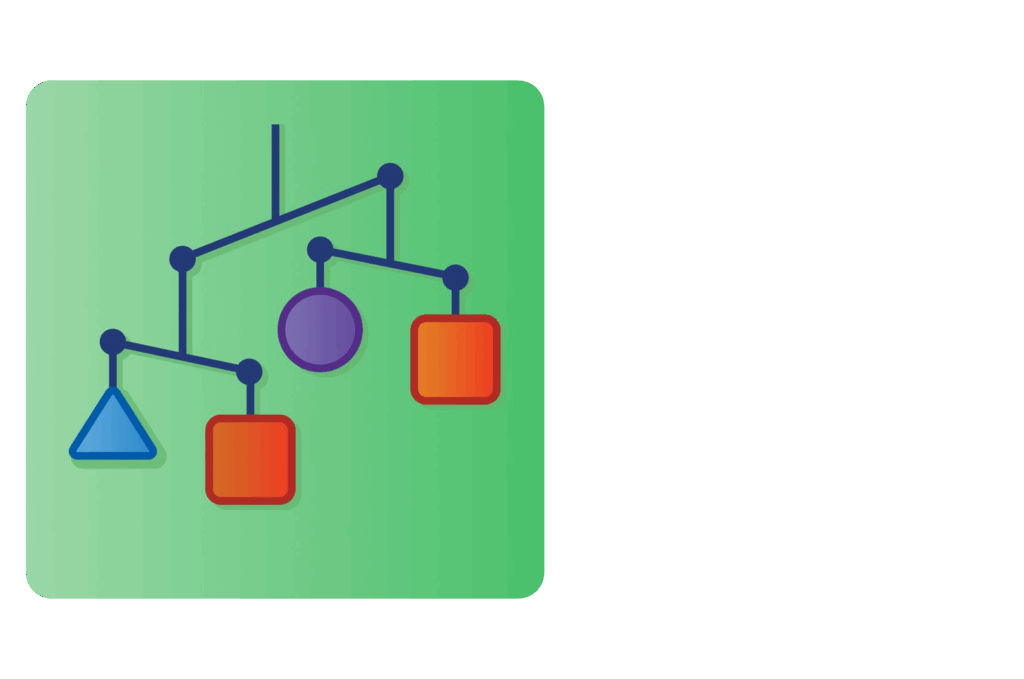 A diagram of a hanging mobile with a blue triangle, a purple circle, and two red squares on a green gradient background.