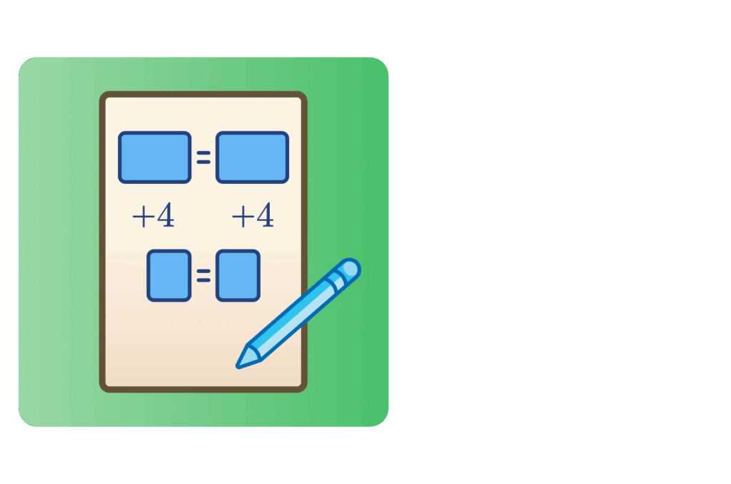 A clipboard with math equations and blue boxes is shown, along with a blue pen. The board displays addition equations with the number 4.