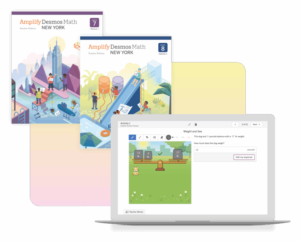 Two illustrated math textbooks labeled Amplify Desmos Math for grades 7 and 8, shown above a laptop displaying a digital balance scale activity.