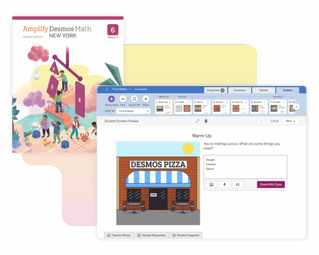 An illustrated Amplify Desmos Math textbook and a computer screen showing a digital math activity about making pizza ingredients.
