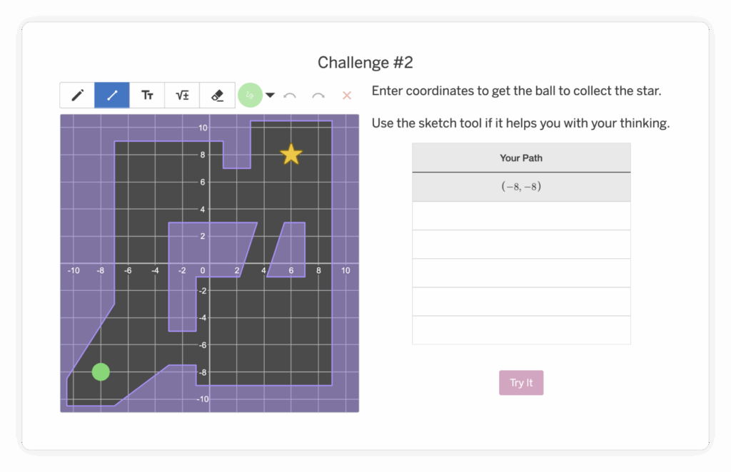 A grid-based puzzle showing a green ball at (-8, -8) and a yellow star at (5, 6); user is prompted to enter coordinates to reach the star.