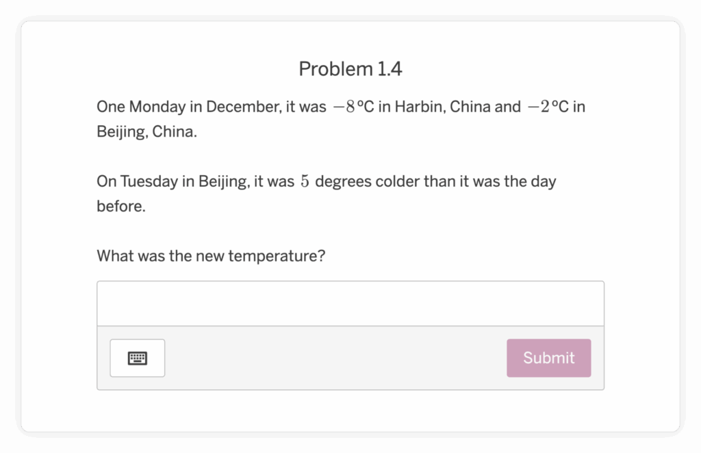 Screenshot of a math problem asking for the new temperature in Beijing after it drops 5°C from –2°C, with a text box and a "Submit" button for the answer.