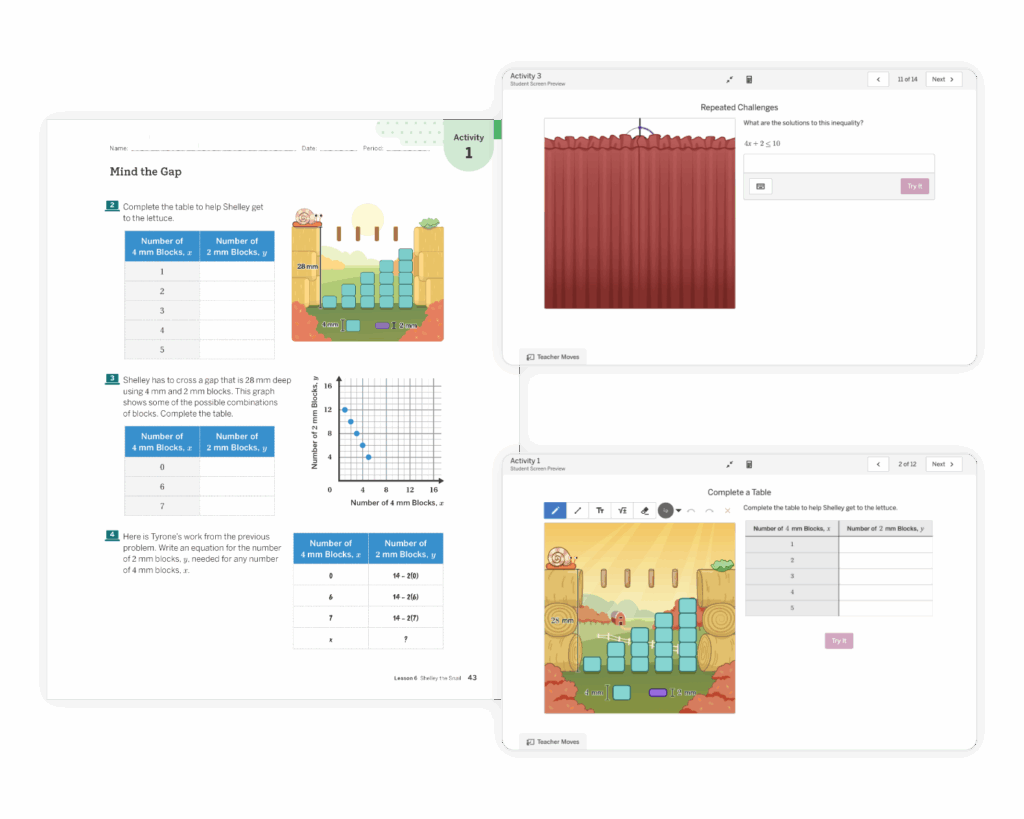 A worksheet and two digital screens display a math activity involving tables and blocks, with one screen showing a challenge hidden behind a red curtain.