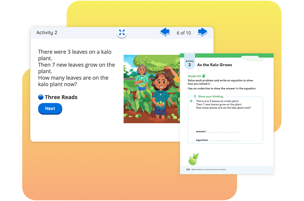 A digital educational activity showing a math problem about leaves on a kalo plant with a related worksheet on plant growth.