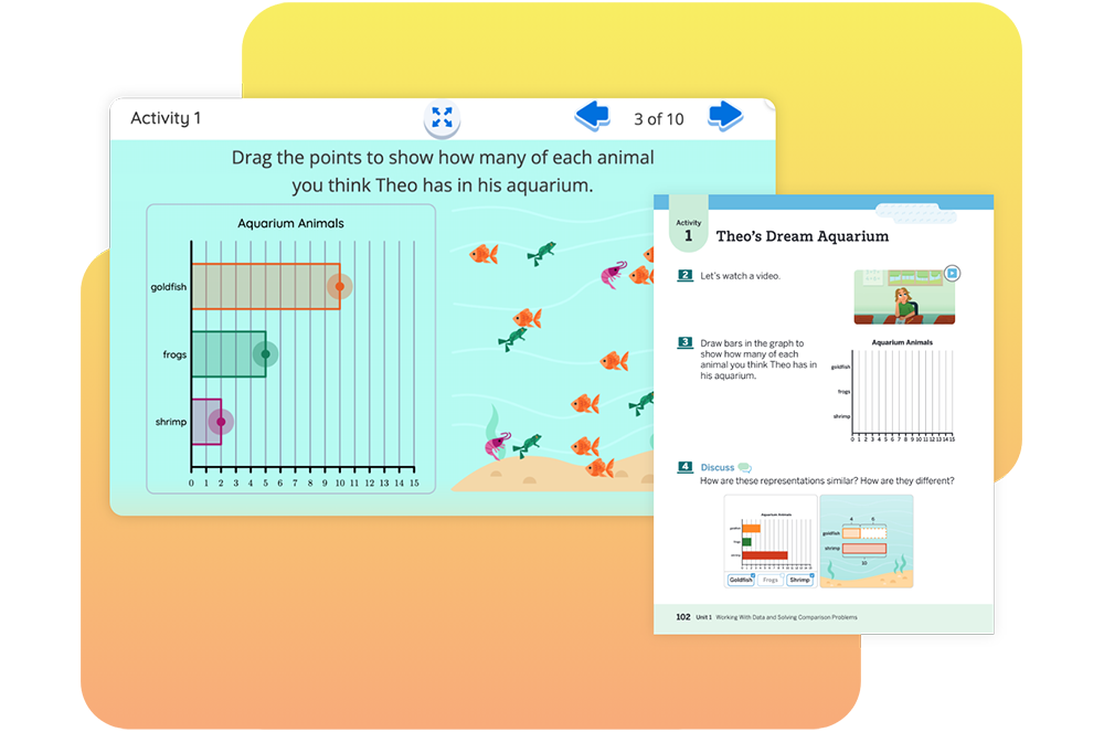 Two digital worksheets about Theo's aquarium with tasks to estimate animal quantities using draggable graphs and illustrations of fish, frogs, and shrimps.