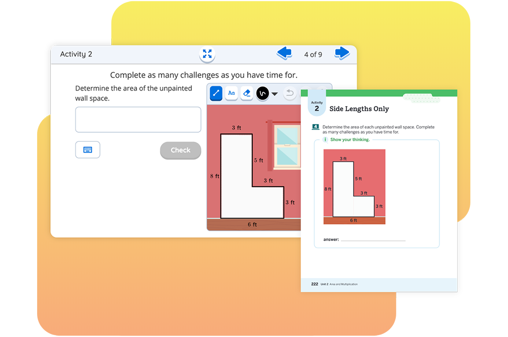 Math activity screenshot showing a problem to calculate the area of an unpainted wall space with given side lengths in a room diagram.
