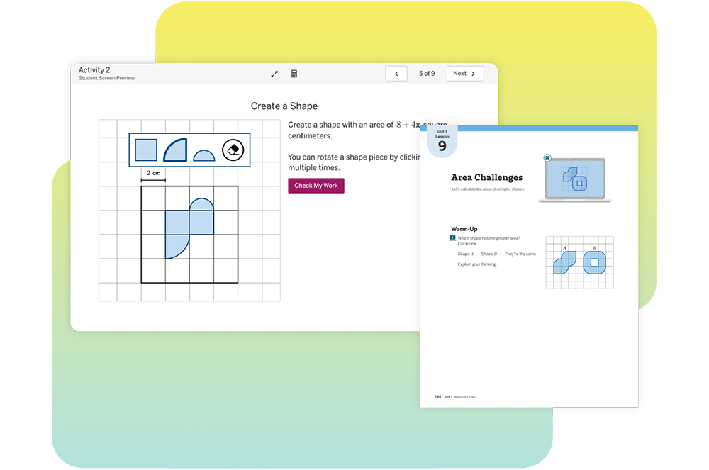 Activity page showing a grid for shape creation with an area of 8 square centimeters. Includes shape options and instructions on rotation. A booklet page displays area challenges and warm-up tasks.