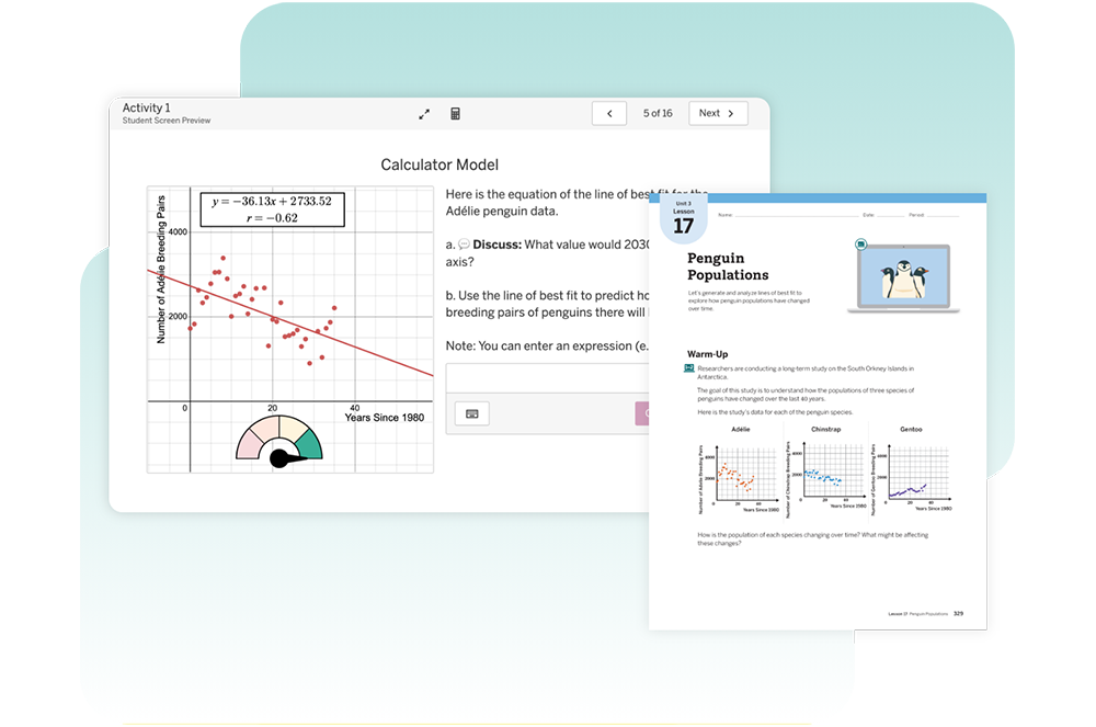 A digital educational interface shows a graph with data points and textual instructions comparing year and breeding pairs. Adjacent is a page discussing penguin populations with charts and illustrations.