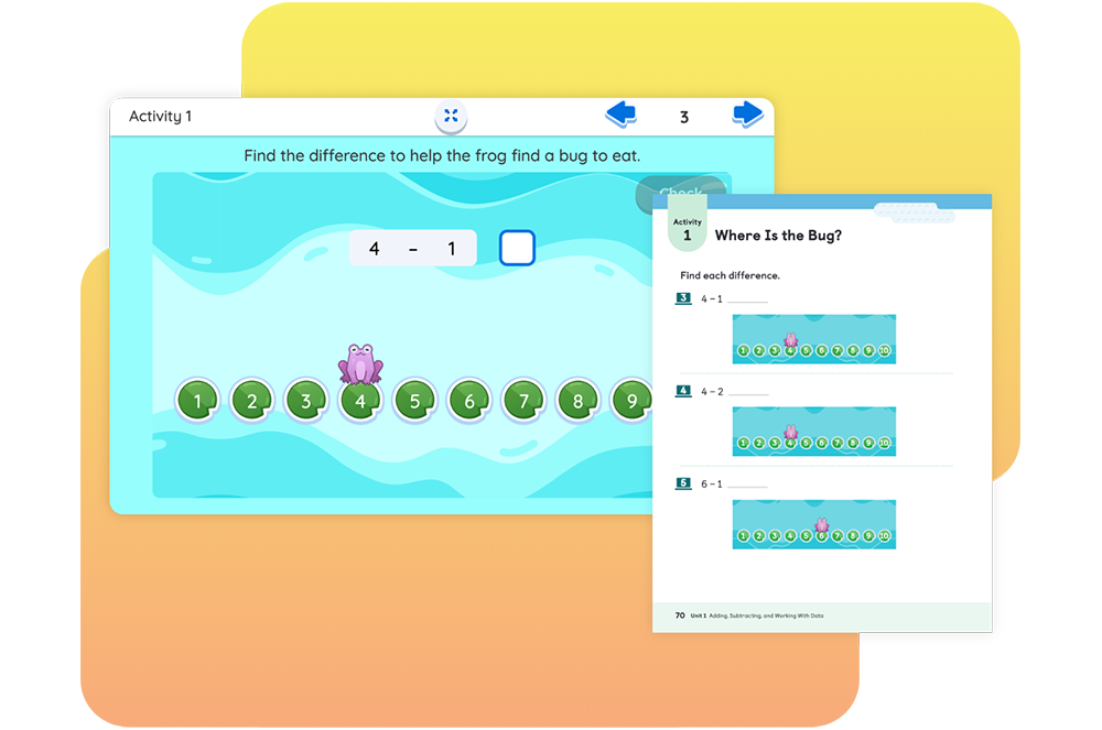 Interactive math activity for kids featuring a frog and number line for subtraction problems, asking to find differences to locate bugs.