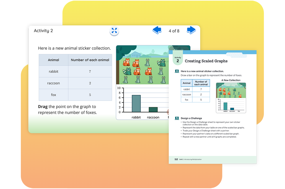 Activity sheets showing a bar graph and a table for counting animal stickers: 7 rabbits, 5 raccoons, and 2 foxes. Includes instructions for arranging data points on a graph.