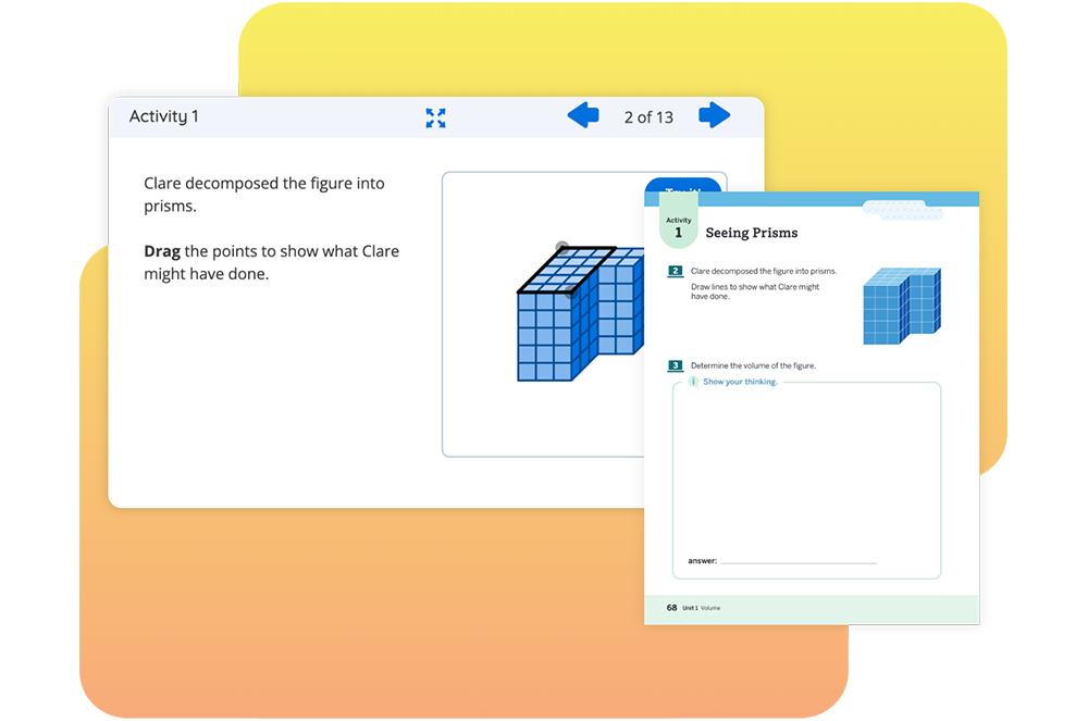 Screen showing a student activity about decomposing a figure into prisms, with a drag-and-drop exercise and an adjacent worksheet labeled "Seeing Prisms.