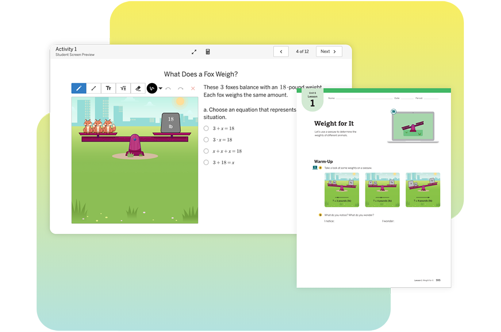 A digital illustration of math balancing scales featuring boxes and a fox, alongside a worksheet displaying similar content and activities for learning math concepts.