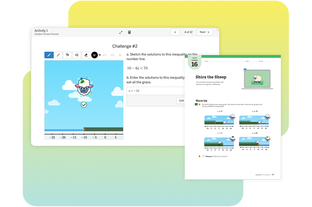 Screenshot of an educational website showing a math activity featuring a sheep named Shira. There is a graph and a worksheet on inequalities displayed.