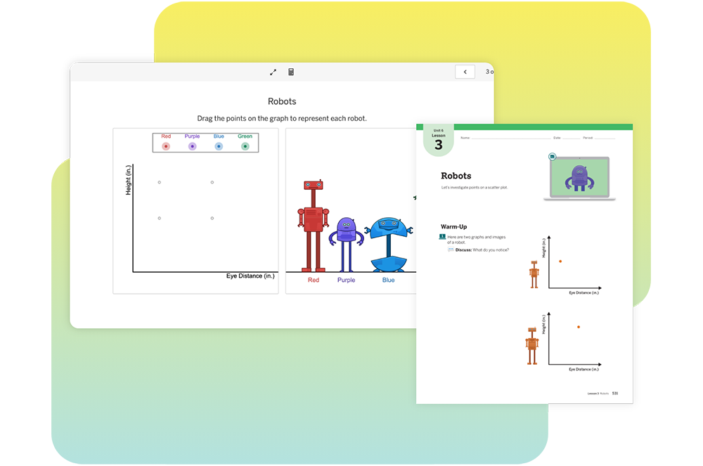 An educational worksheet on robots, featuring a graph with red, purple, and blue robot icons, and instructions for a warm-up activity.