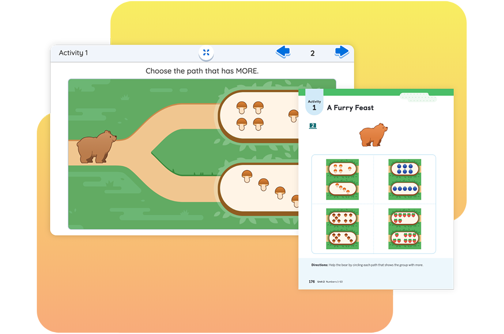 Illustration of a bear choosing a path with more mushrooms. Activity book page titled "A Furry Feast" with groups of objects to compare quantities.