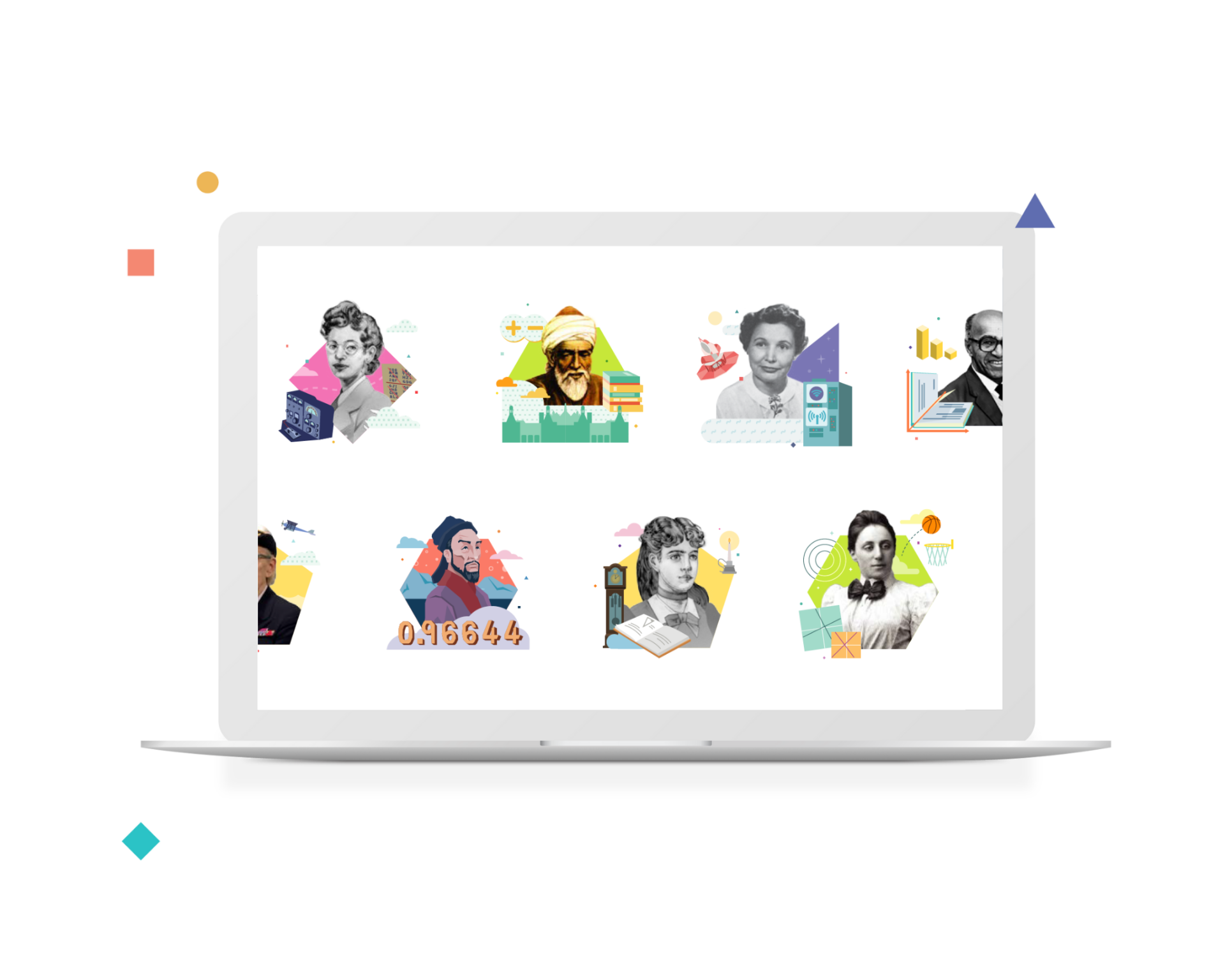 Illustration of a laptop displaying various colorful icons and graphics representing diverse professions and historical figures on its screen, emphasizing illustrative mathematics and desmos math concepts through its displayed content.