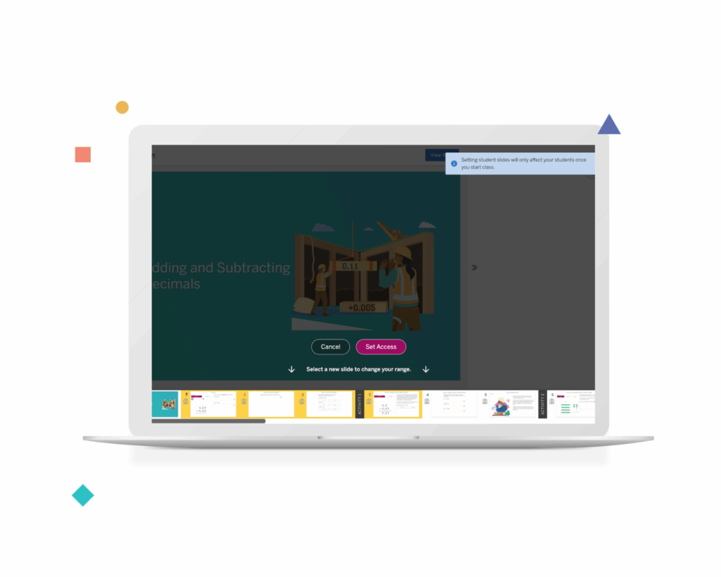 A laptop displays an educational interface with a decimal lesson, pop-up notification, and navigation bar showing multiple open slides at the bottom.