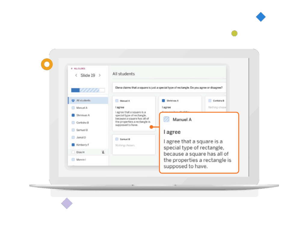 A computer screen shows a student response interface, displaying a comment explaining why a square is a type of rectangle.