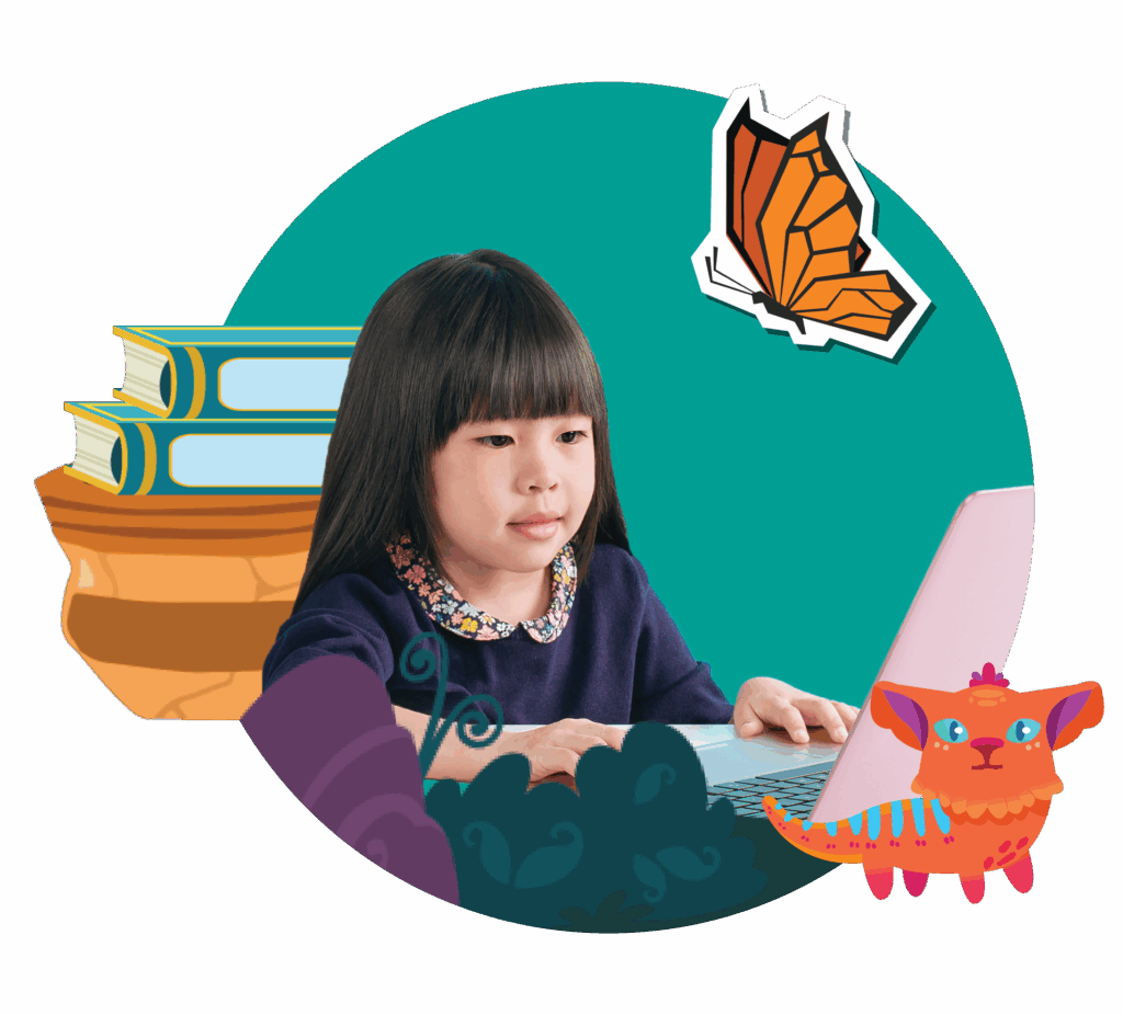 A young girl focuses on a laptop with a stack of books, a colorful creature, and autumn leaves in a stylized graphic.