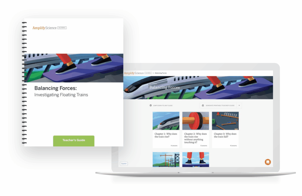 Spiral-bound teacher’s guide and a laptop display both showing Amplify Science’s “Balancing Forces: Investigating Floating Trains” educational materials.