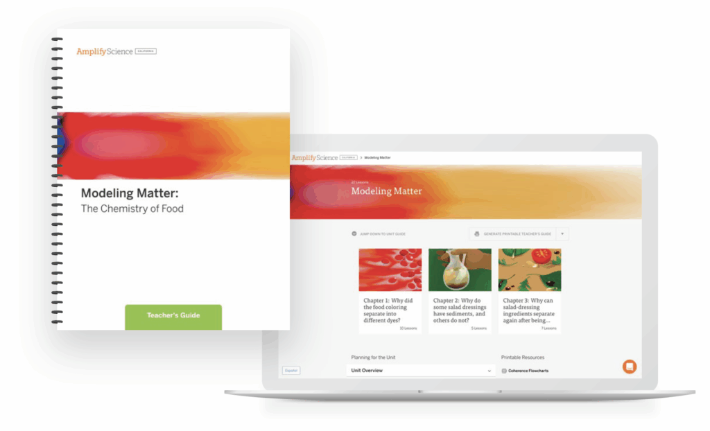 A spiral-bound teacher's guide titled "Modeling Matter: The Chemistry of Food" is shown next to a laptop displaying related digital content.