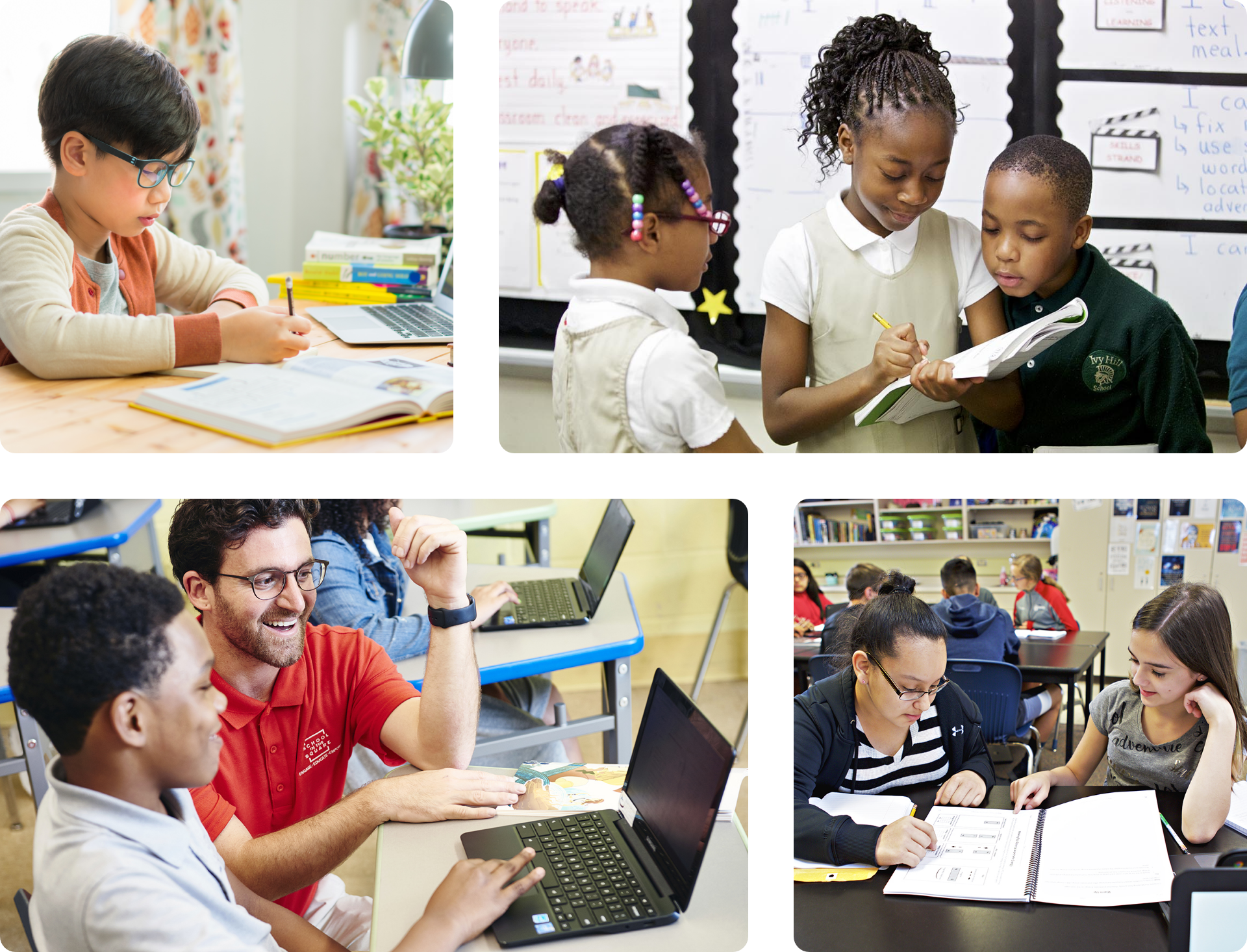 Collage of diverse classroom scenes, featuring students and teachers engaged in different educational activities such as reading, using laptops, and discussing.