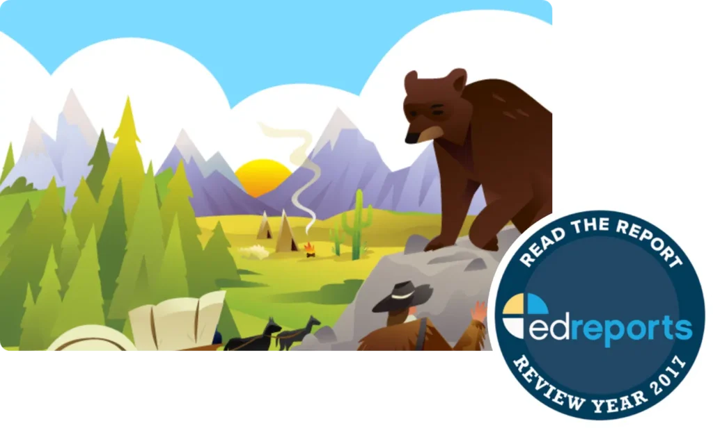 Illustration of a bear on a rock overlooking a campsite in a valley with mountains, trees, tents, and people; includes an EdReports review badge in the lower right corner.