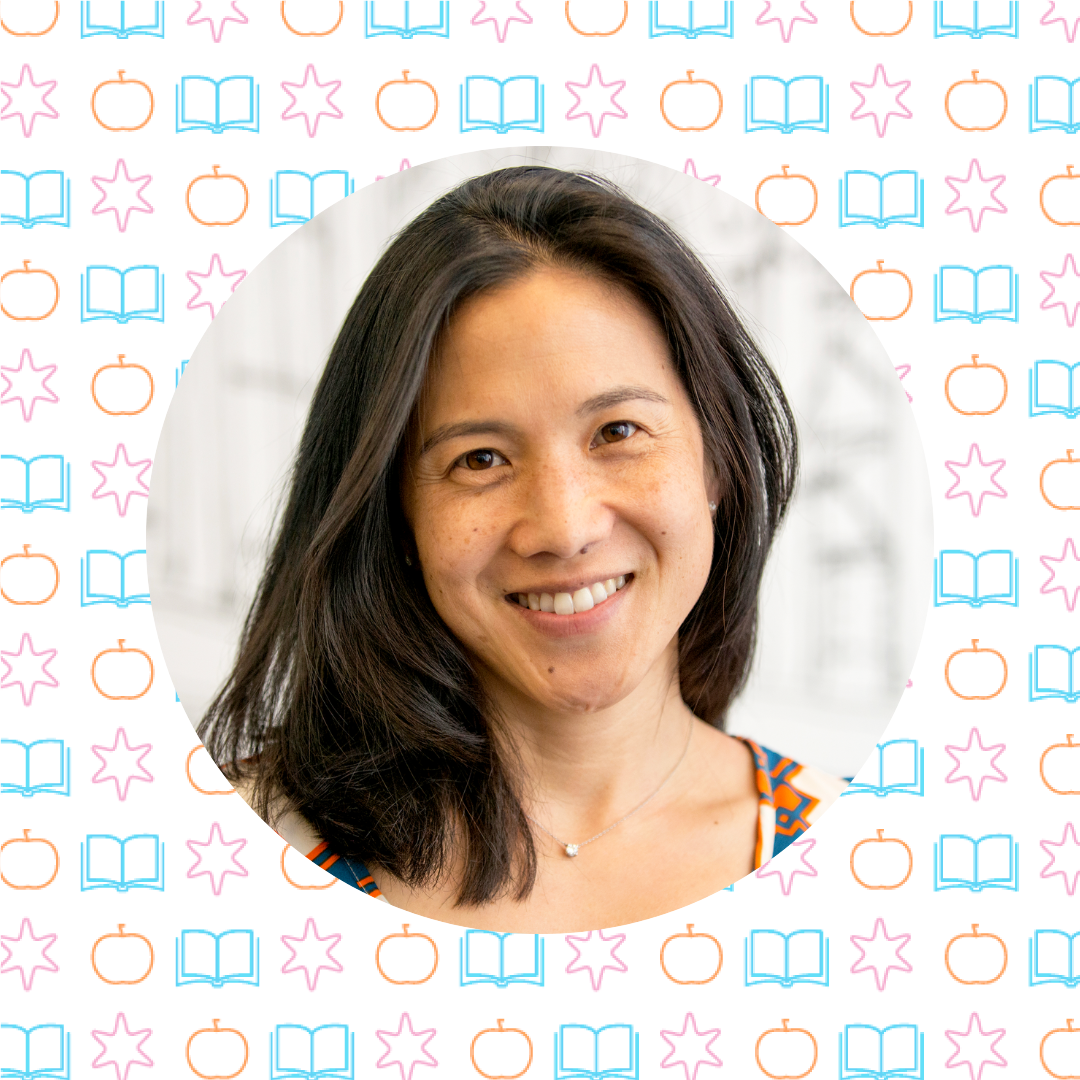 Smiling woman with long dark hair photographed in front of a light-colored background, surrounded by a circular border with a pattern of books, stars, and apples—perfect for a teaching podcast about the science of self control.