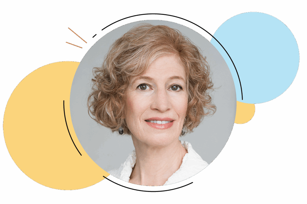 Portrait of a woman with short, curly light brown hair, wearing a white top, set against a background with blue and yellow circular graphics inspired by the CKLA literacy curriculum and Science of Reading principles.