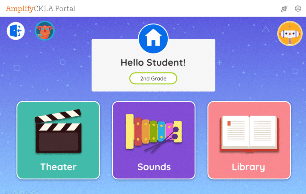 Screen capture of the amplify ckla portal home page displaying vibrant icons for theater, sounds, and library, with a welcoming message "hello student!" for a 2nd grader.