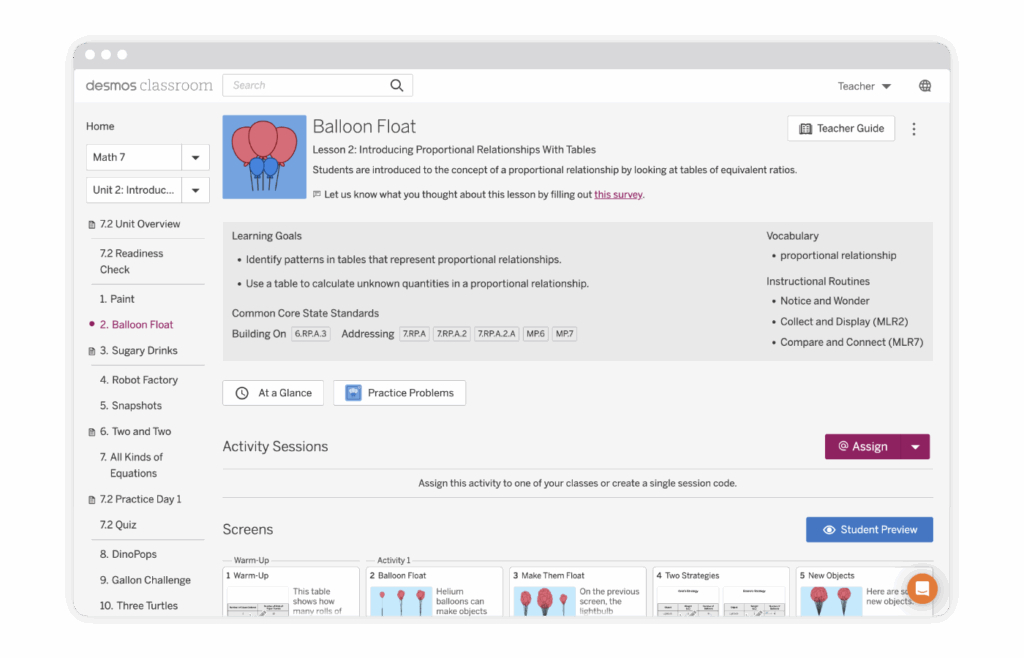 Screenshot of a Desmos Classroom lesson page titled "Balloon Float," showing lesson objectives, standards, vocabulary, and navigation menu on the left.