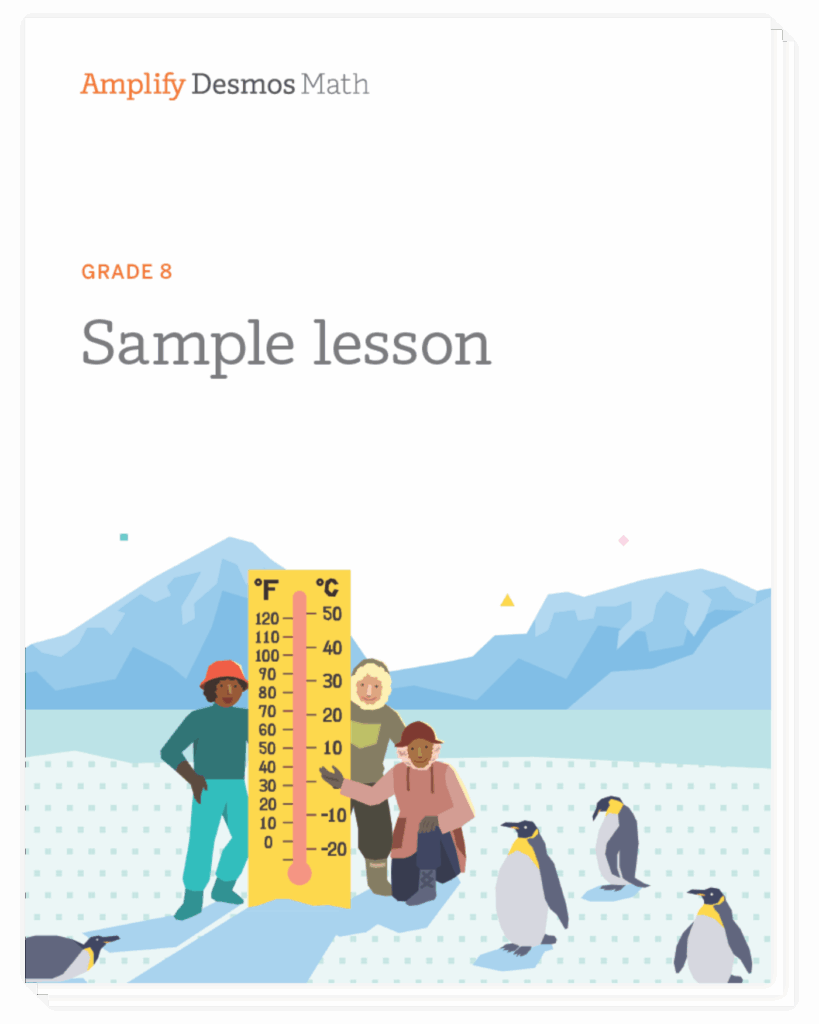 Three people and several penguins stand on ice near a large thermometer, with snowy mountains in the background. The thermometer shows temperatures from -30°C to 50°C.