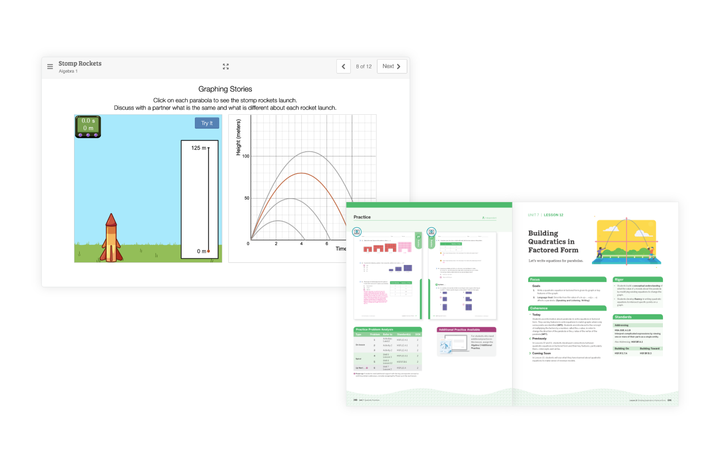 A digital screen displays a rocket graphing activity, and an open textbook shows diagrams, charts, and text on building quadratics in factored form.