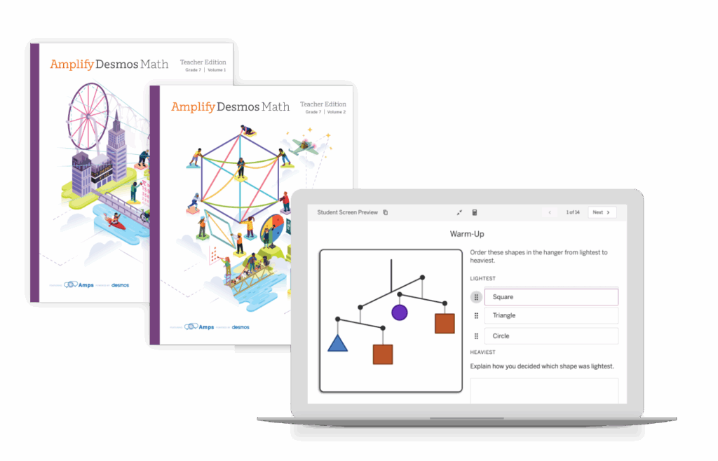 Two Amplify Desmos Math teacher edition books are shown next to a laptop displaying a digital math activity with shapes and a prompt about ordering by lightest weight.