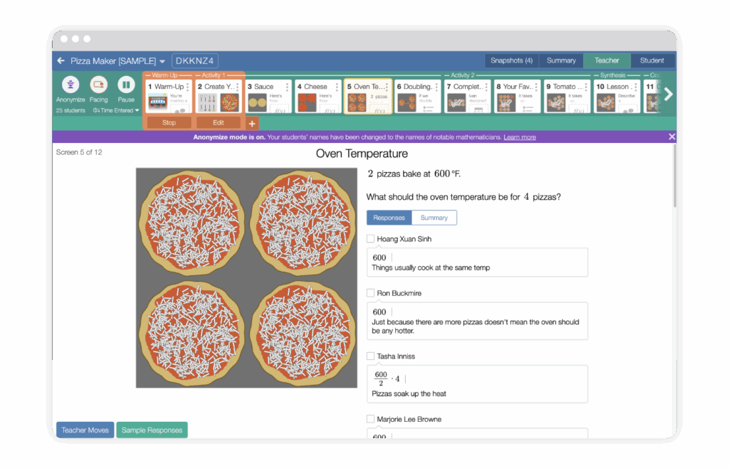 A computer screen displays a math lesson about baking pizzas at 600°F, showing four uncooked pizzas and student response boxes below the question.