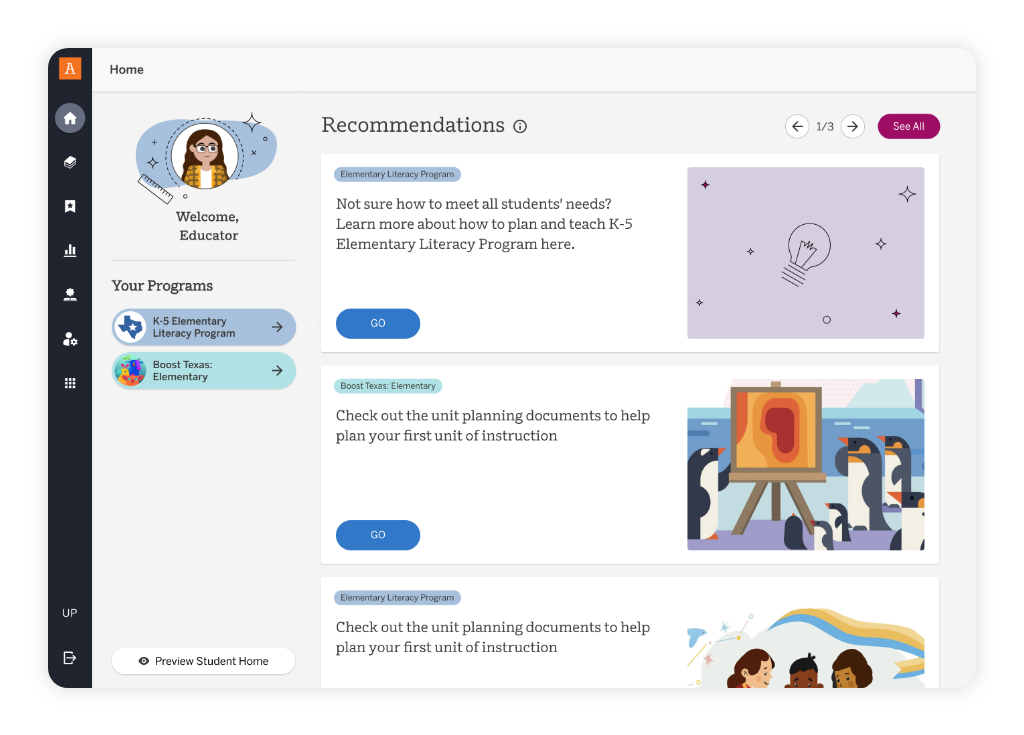A dashboard for educators shows a welcome message, program options on the left, and three recommended unit planning resources with illustrations on the main section.
