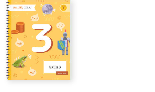 Cover of "Skills 3 Teacher Guide" with a large number 3. Features images of coins, a planet, a knight, and a frog. Various phonetic symbols are scattered in the background.