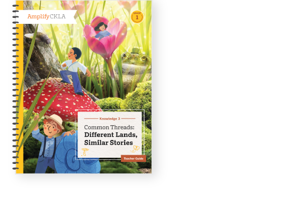 Textbook cover titled "Common Threads: Different Lands, Similar Stories," with illustrations of three children exploring nature, including a large mushroom and vibrant flowers.