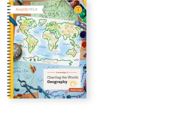 Cover of "Charting the World: Geography" teacher guide, featuring a hand-drawn world map with colored pins, a compass, and pencils.