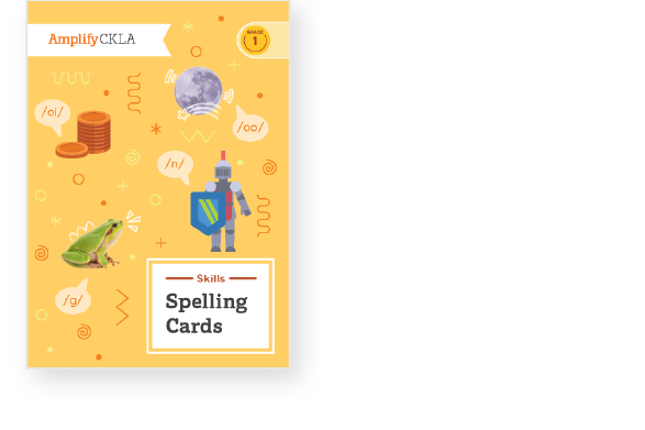Cover of a yellow booklet titled "Skills Spelling Cards" with images of coins, a frog, a robot, the moon, and phonetic symbols.