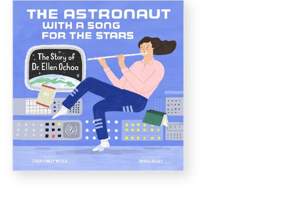 Book cover of "The Astronaut with a Song for the Stars," showing a person playing a flute in a spacecraft.
