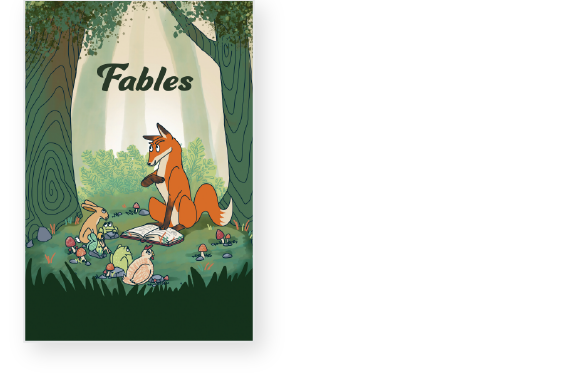 Illustrated book cover titled "Fables" features a fox reading to forest animals in a woodland setting.