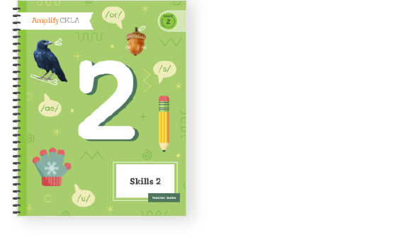 Green book cover titled "Skills 2" with a large number 2, featuring images of a crow, acorn, gloves, and a pencil.